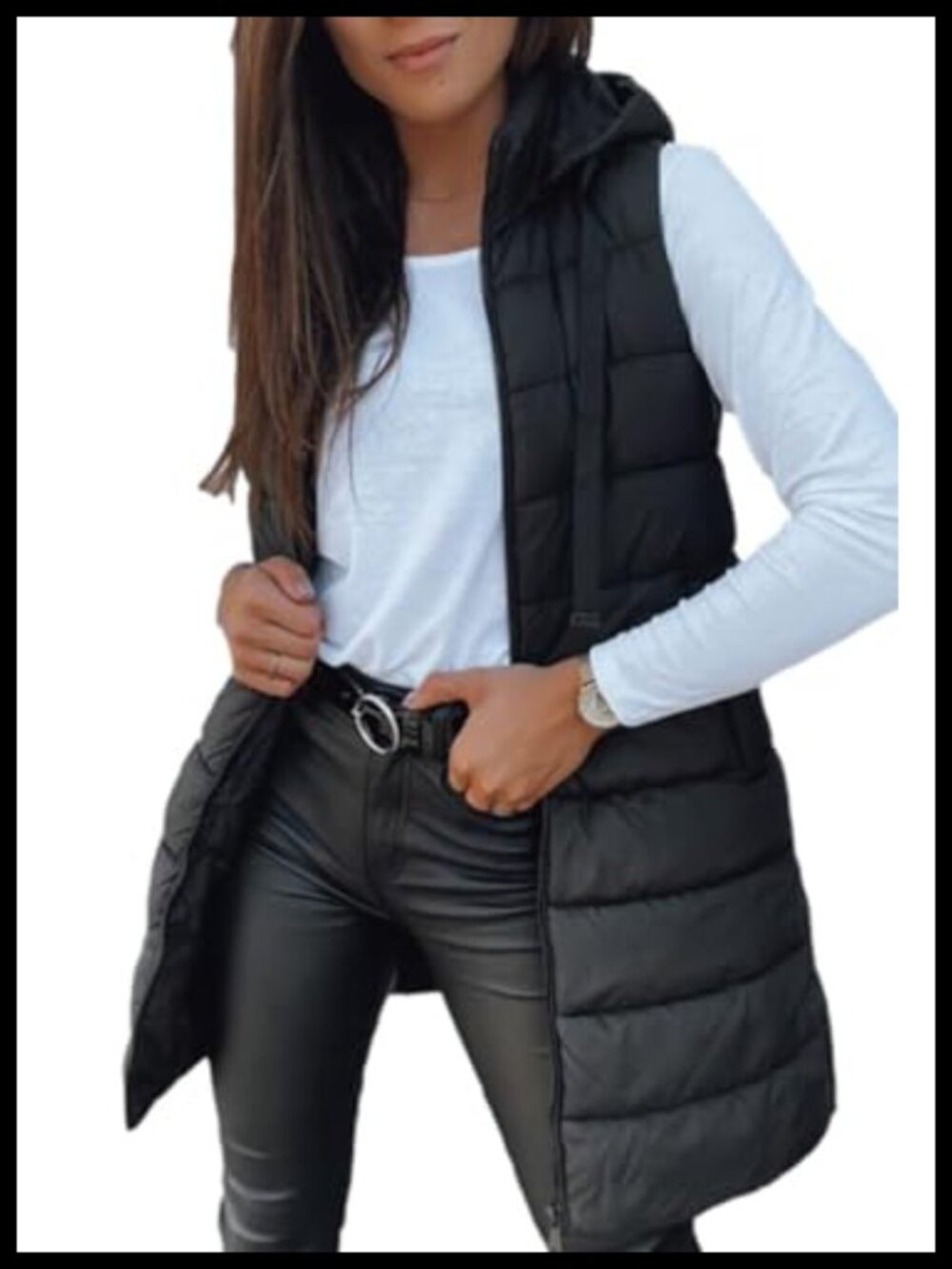 Long Puffer Vest Sleeveless Hooded Lightweight Winter Outerwear